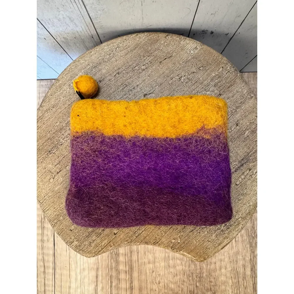 Set of 2 Felted Wool Colorful Pouches Striped Coin Purses Small Accessory Bag